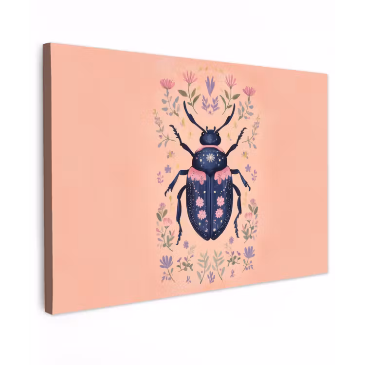 Kever - Donkerblauw - Bloemen - Sierlijk canvas 2cm klein -z3d