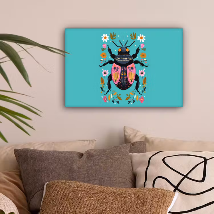 Kever - Bloemmotieven - Turquoise - Bladeren canvas 2cm klein -sfeer1