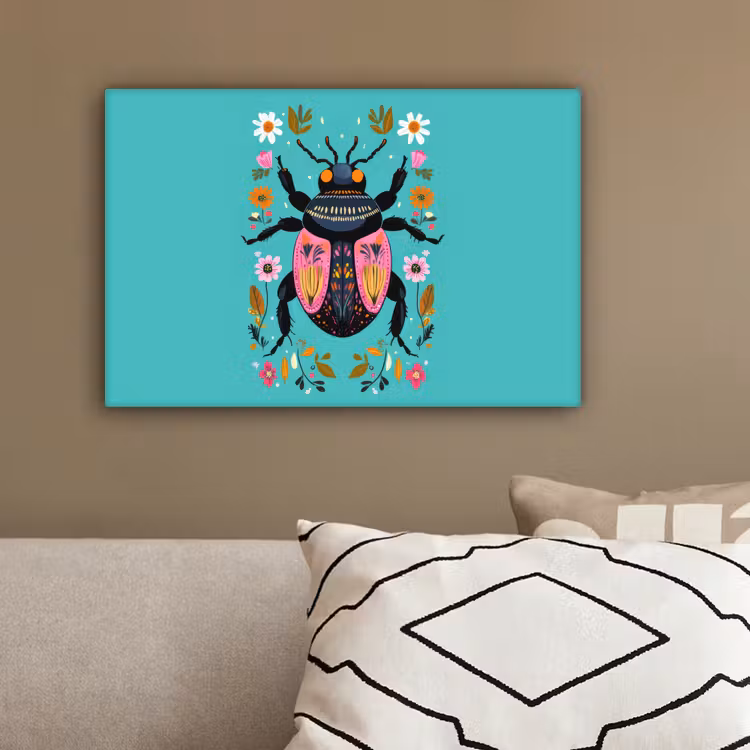 Kever - Bloemmotieven - Turquoise - Bladeren canvas 2cm klein -sfeer3