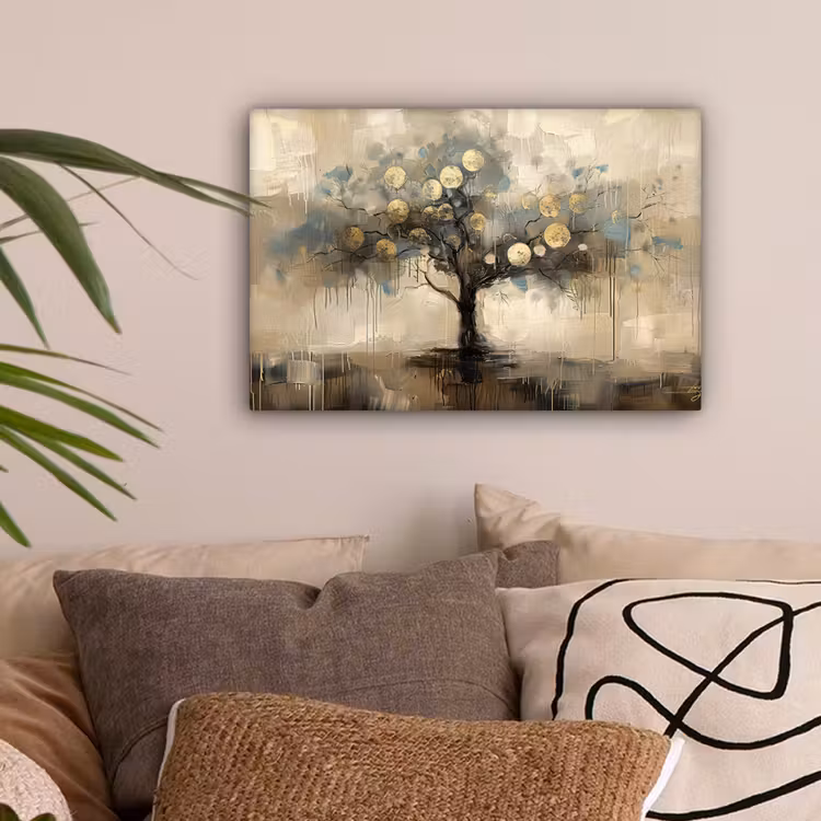 Beige - Abstract - Boom - Goud canvas 2cm klein -sfeer1
