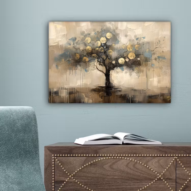 Beige - Abstract - Boom - Goud canvas 2cm klein -sfeer4