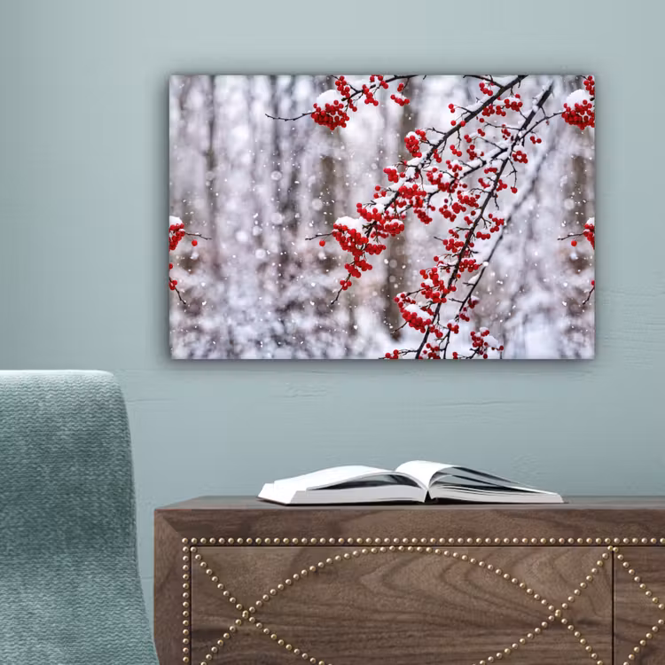 Bessen - Takken - Sneeuw - Winter - Kleurrijk canvas 2cm klein -sfeer4