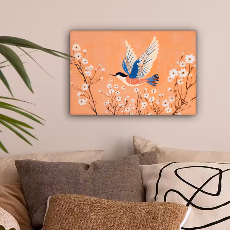 Vogel - Bloesemtakken - Warm - Kleurrijk canvas 2cm klein -sfeer1