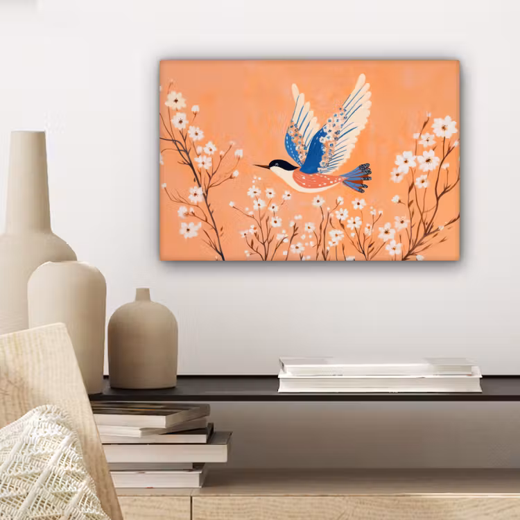 Vogel - Bloesemtakken - Warm - Kleurrijk canvas 2cm klein -sfeer6