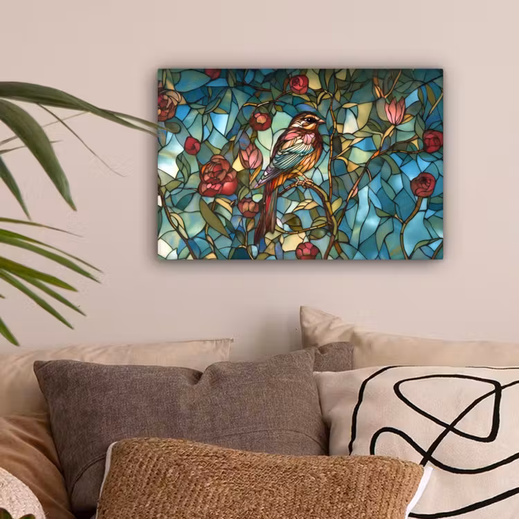 Vogel - Tak - Rozen - Mozaïek canvas 2cm klein -sfeer1