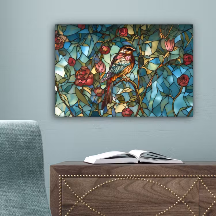 Vogel - Tak - Rozen - Mozaïek canvas 2cm klein -sfeer4