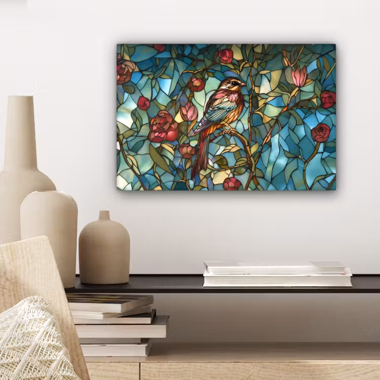 Vogel - Tak - Rozen - Mozaïek canvas 2cm klein -sfeer6
