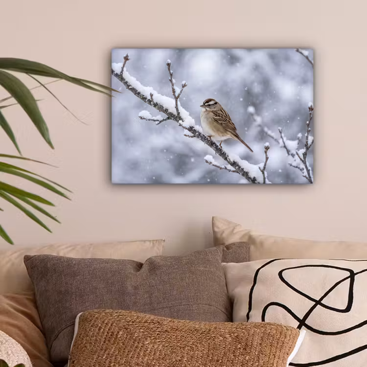 Vogel - Tak - Sneeuw - Winter canvas 2cm klein -sfeer1