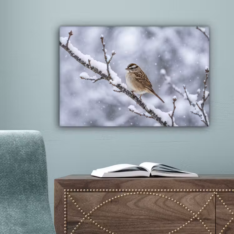 Vogel - Tak - Sneeuw - Winter canvas 2cm klein -sfeer4
