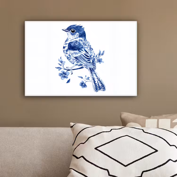 Vogel - Delfts blauw - Illustratie - Bloemen canvas 2cm klein -sfeer3
