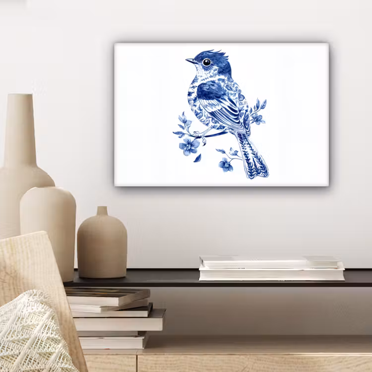 Vogel - Delfts blauw - Illustratie - Bloemen canvas 2cm klein -sfeer6