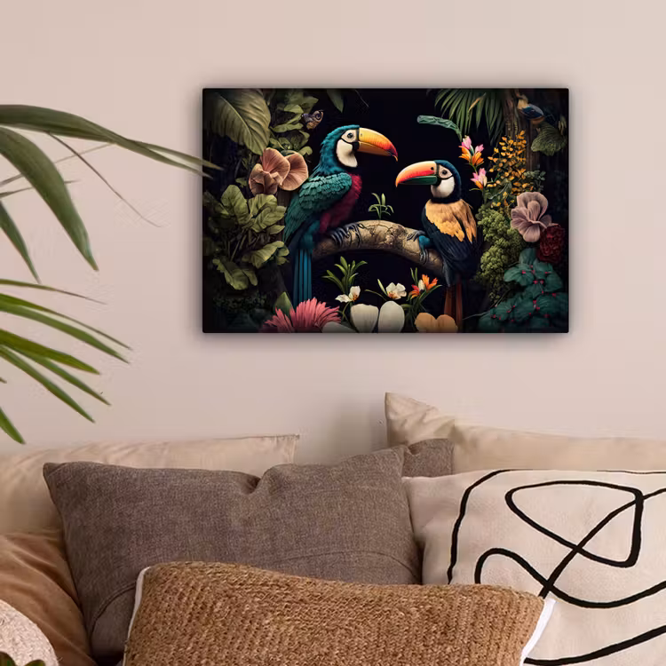Vogel - Bloemen - Planten - Jungle - Zwart - Toekan canvas 2cm klein -sfeer1
