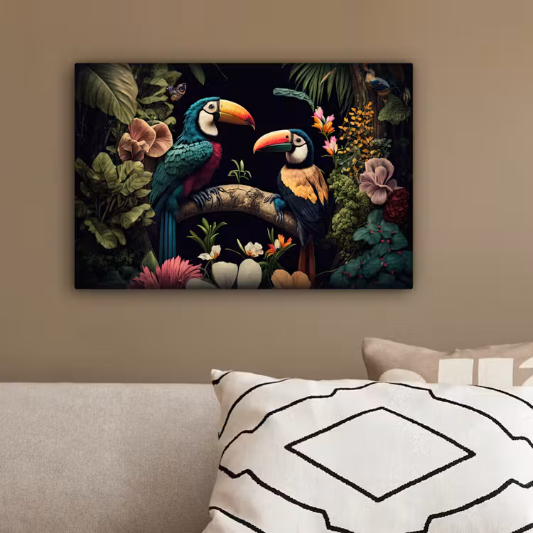 Vogel - Bloemen - Planten - Jungle - Zwart - Toekan canvas 2cm klein -sfeer3