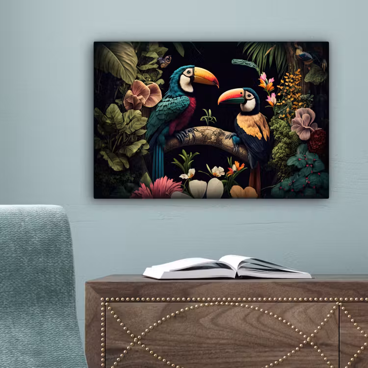 Vogel - Bloemen - Planten - Jungle - Zwart - Toekan canvas 2cm klein -sfeer4