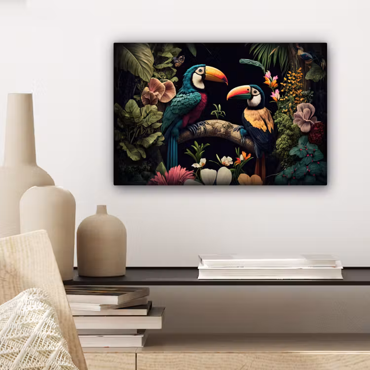 Vogel - Bloemen - Planten - Jungle - Zwart - Toekan canvas 2cm klein -sfeer6