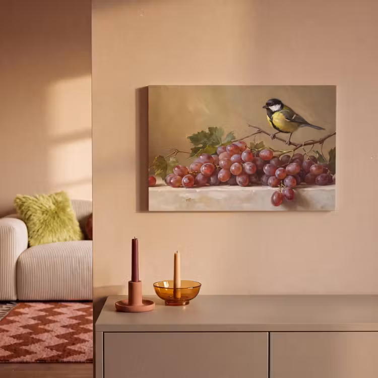 Canvas Print - Bird - Grapes - Still Life - Vogel - Druiven - Stilleven canvas 2cm klein