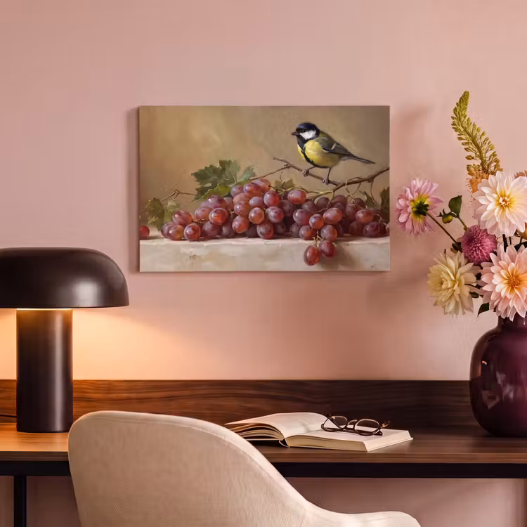 Canvas Print - Bird - Grapes - Still Life - Vogel - Druiven - Stilleven canvas 2cm klein