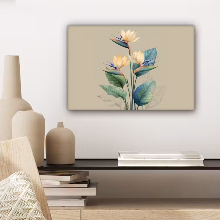 Paradijsvogelbloemen - Blauwgroene bladeren - Beige canvas 2cm klein -sfeer6