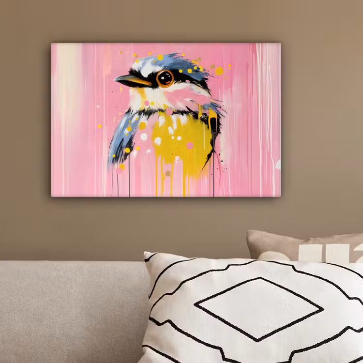 Vogel - Roze - Geel - Blauw canvas 2cm klein -sfeer3