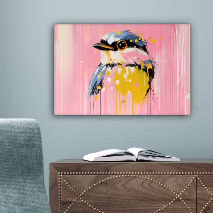 Vogel - Roze - Geel - Blauw canvas 2cm klein -sfeer4