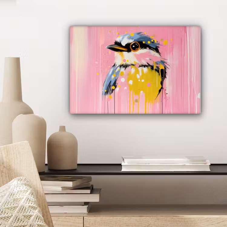 Vogel - Roze - Geel - Blauw canvas 2cm klein -sfeer6