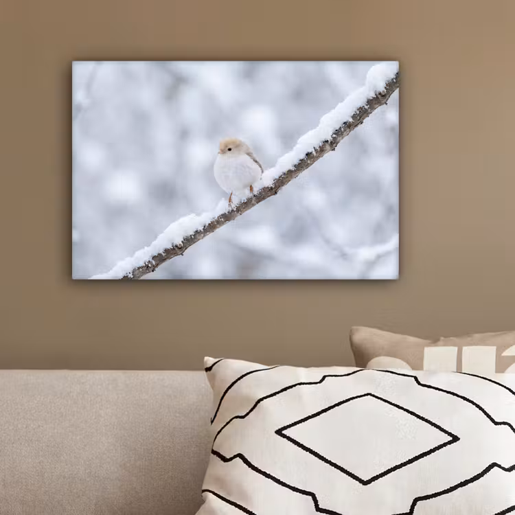 Vogeltje - Sneeuw - Tak - Winter - Zacht canvas 2cm klein -sfeer3