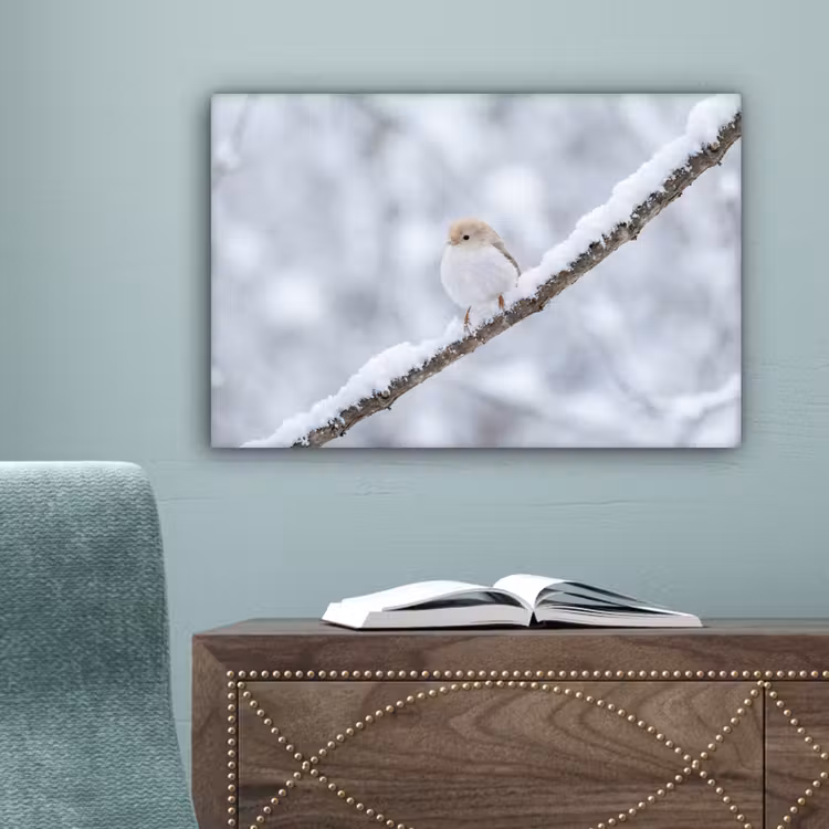 Vogeltje - Sneeuw - Tak - Winter - Zacht canvas 2cm klein -sfeer4