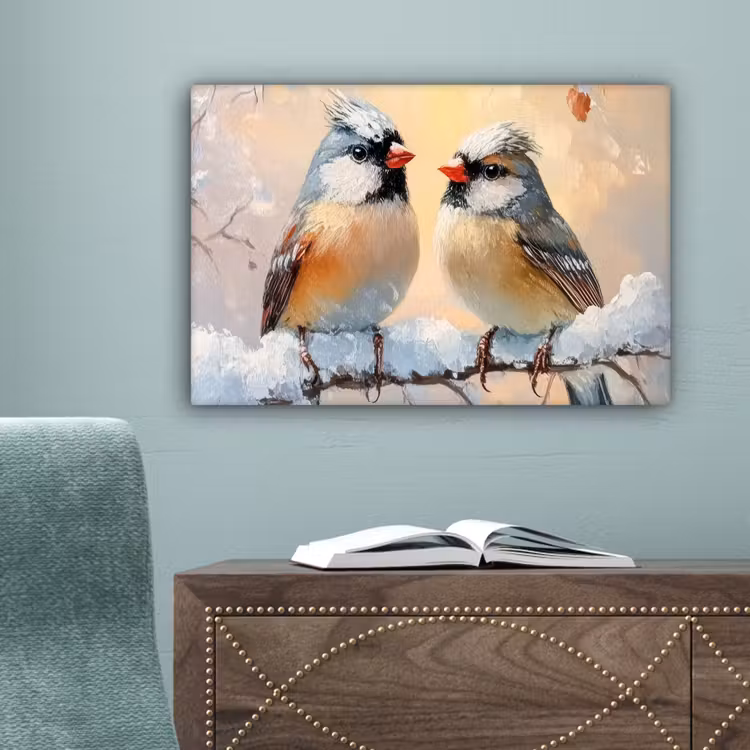 Vogels - Tak - Winter - Sneeuw canvas 2cm klein -sfeer4
