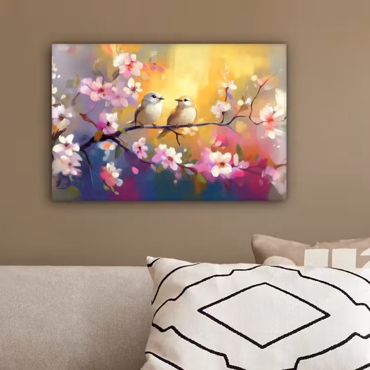 Vogels - Bloemen - Roze canvas 2cm klein -sfeer3