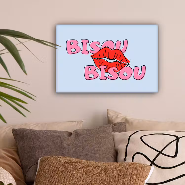 Bisou - Blauw - Roze - Lippen canvas 2cm klein -sfeer1