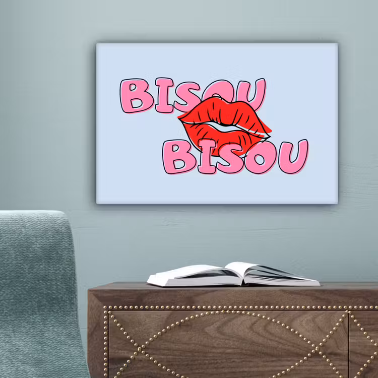 Bisou - Blauw - Roze - Lippen canvas 2cm klein -sfeer4