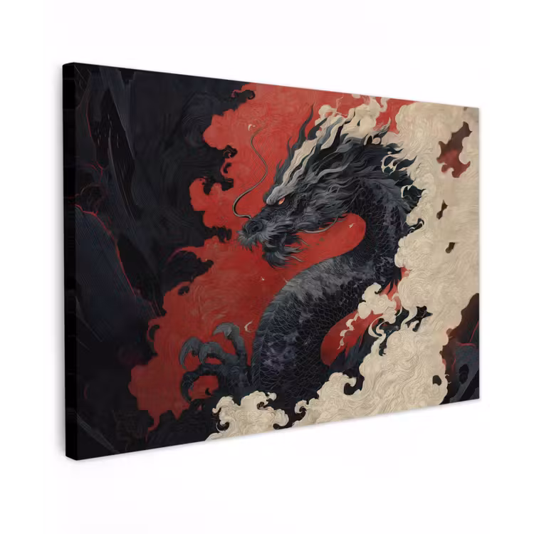 Zwarte draak - Rookwolken - Rood canvas 2cm klein -z3d