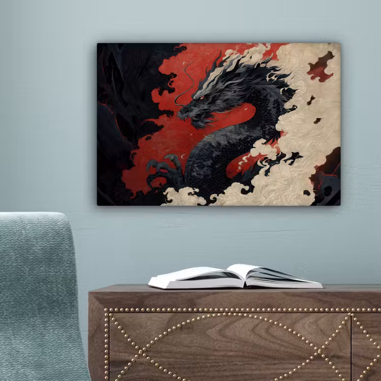 Zwarte draak - Rookwolken - Rood canvas 2cm klein -sfeer4