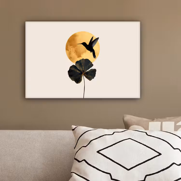 Zwarte kolibrie - Bloem - Gouden cirkel canvas 2cm klein -sfeer3