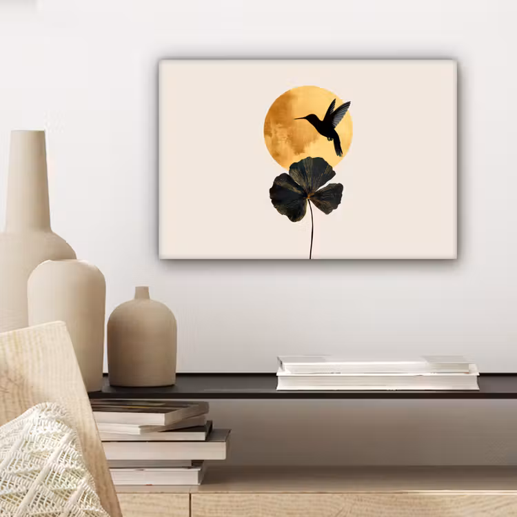 Zwarte kolibrie - Bloem - Gouden cirkel canvas 2cm klein -sfeer6
