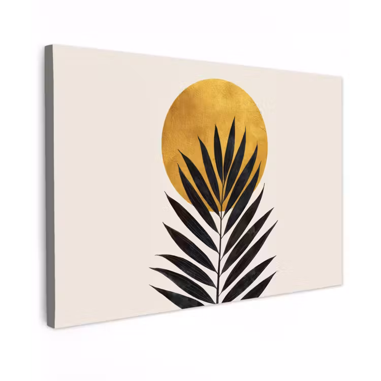 Zwart palmblad - Gouden cirkel - Beige achtergrond canvas 2cm klein -z3d