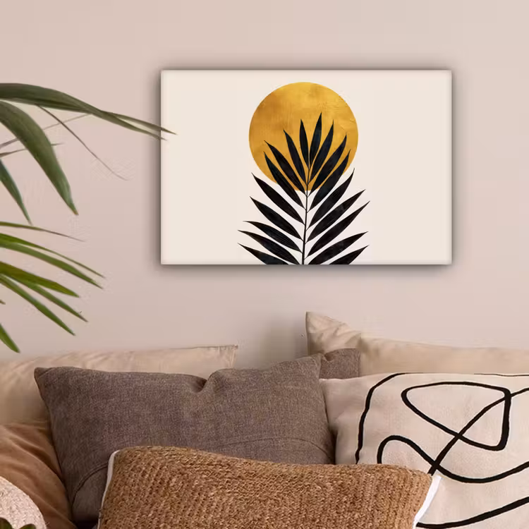 Zwart palmblad - Gouden cirkel - Beige achtergrond canvas 2cm klein -sfeer1