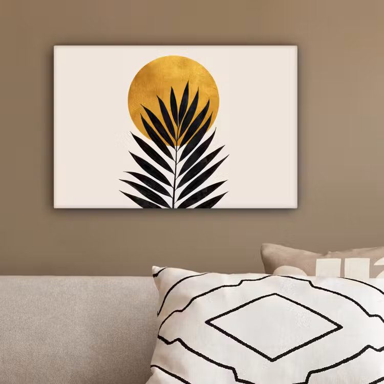 Zwart palmblad - Gouden cirkel - Beige achtergrond canvas 2cm klein -sfeer3