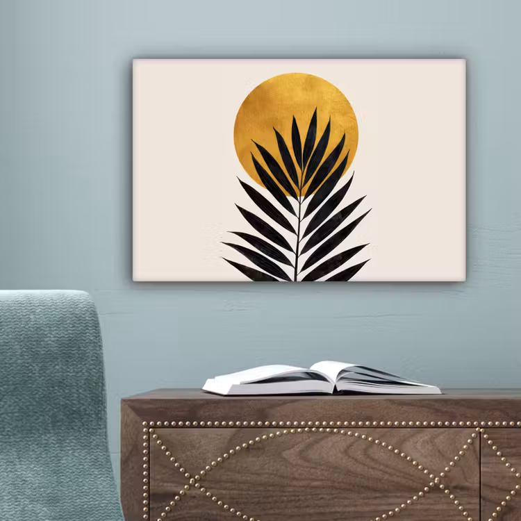 Zwart palmblad - Gouden cirkel - Beige achtergrond canvas 2cm klein -sfeer4