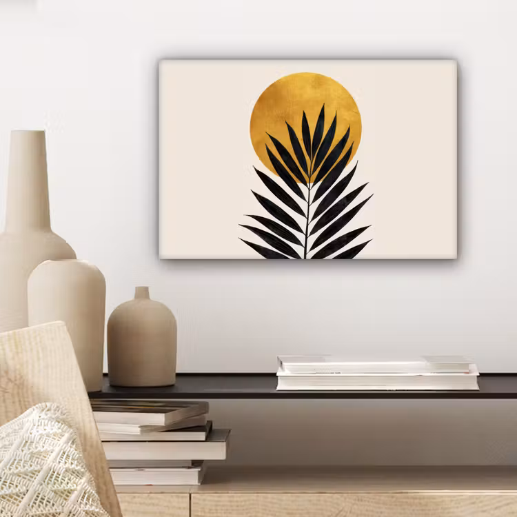 Zwart palmblad - Gouden cirkel - Beige achtergrond canvas 2cm klein -sfeer6