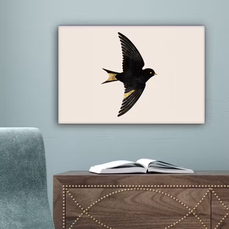 Zwarte zwaluw - Gouden accenten - Lichte achtergrond canvas 2cm klein -sfeer4