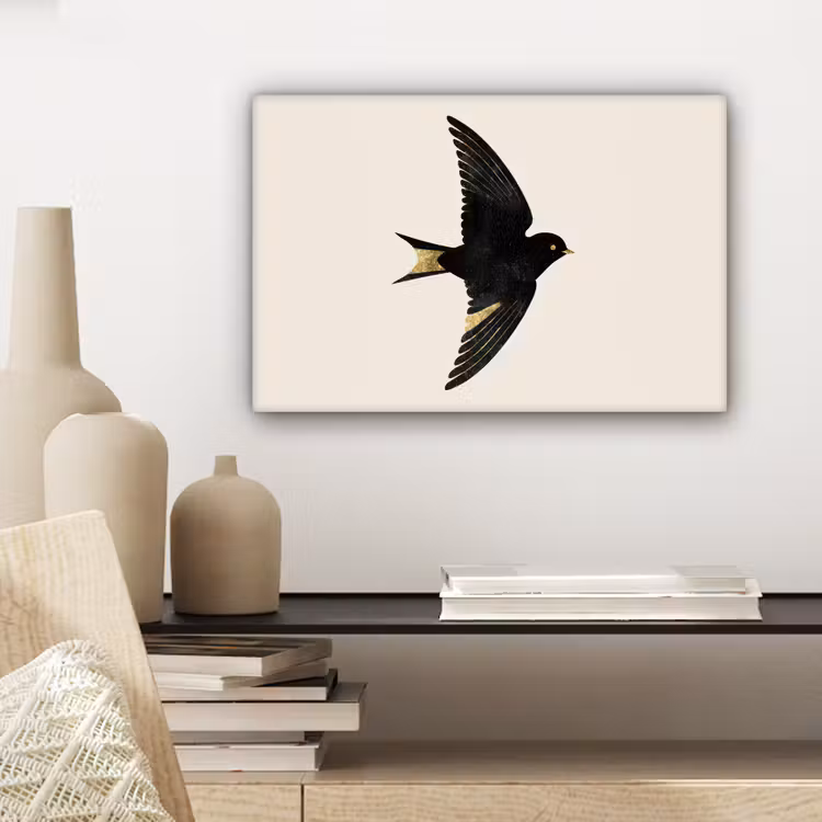 Zwarte zwaluw - Gouden accenten - Lichte achtergrond canvas 2cm klein -sfeer6