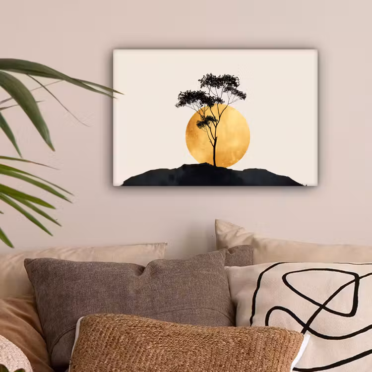 Zwarte boom - Gouden cirkel - Heuvel canvas 2cm klein -sfeer1
