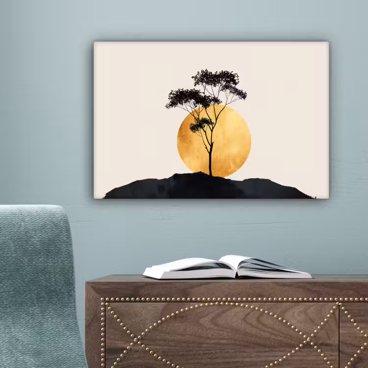Zwarte boom - Gouden cirkel - Heuvel canvas 2cm klein -sfeer4