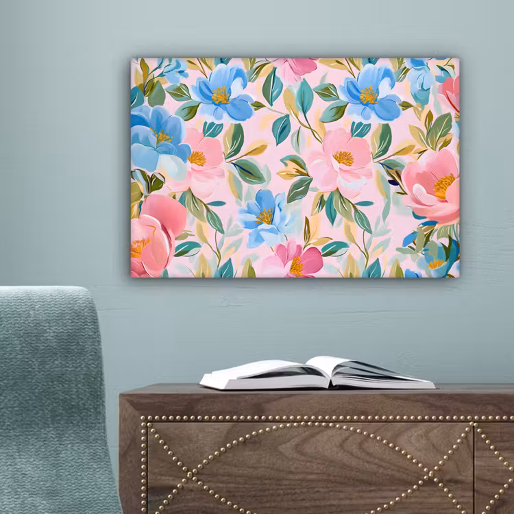 Blauw - Roze - Bloemen canvas 2cm klein -sfeer4