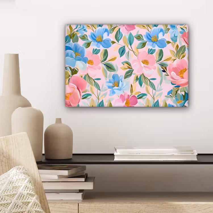 Blauw - Roze - Bloemen canvas 2cm klein -sfeer6