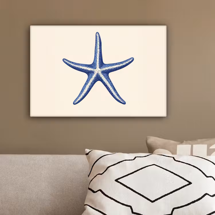 Blauwe zeester - Minimalistisch - Beige canvas 2cm klein -sfeer3
