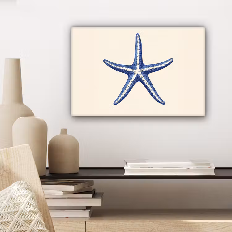 Blauwe zeester - Minimalistisch - Beige canvas 2cm klein -sfeer6