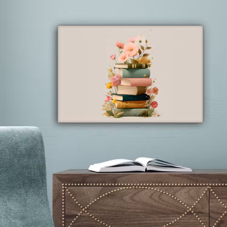 Boeken - Stapel - Bloemen - Kleurrijk canvas 2cm klein -sfeer4
