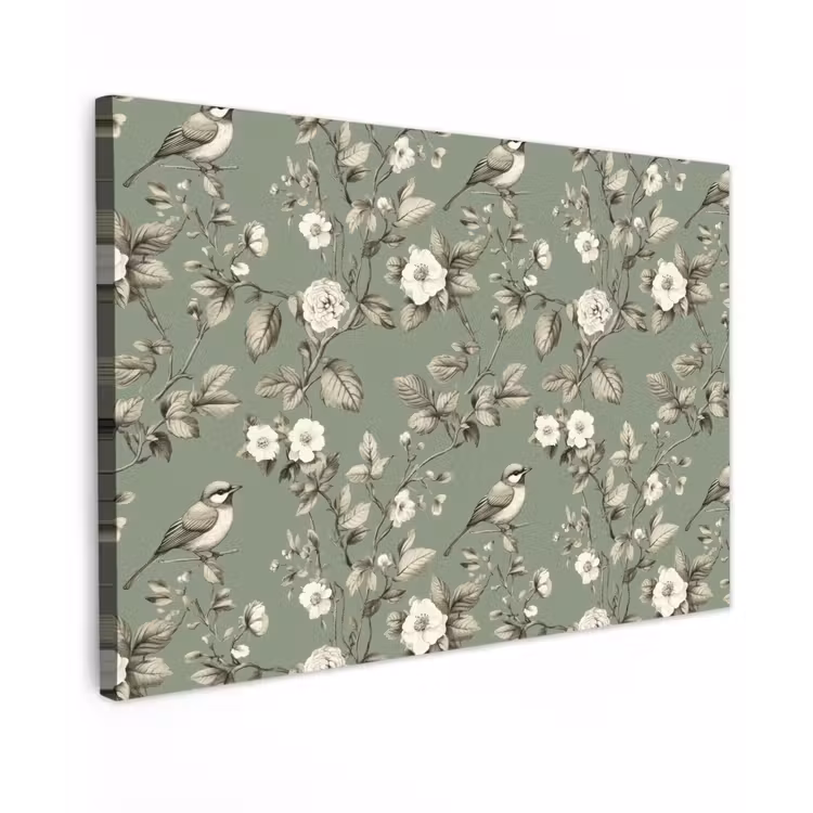Botanisch - Vogels - Groen canvas 2cm klein 34 -z3d